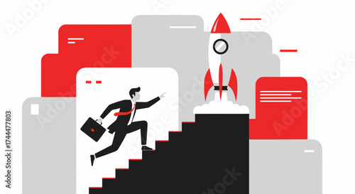 Ambition And Acceleration: A Man Climbing Towards A Rocket Ship Launch In Progress