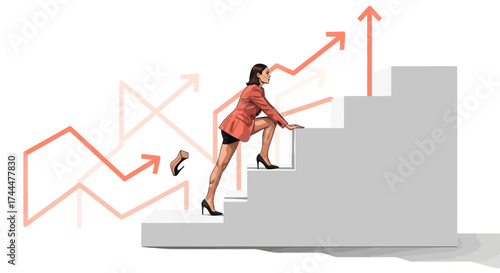 Ambition And Drive Demonstrated By Business Woman Ascending The Rungs Of Success