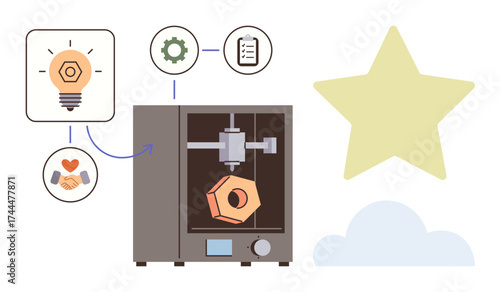 3D printer crafting object, icons for creativity, teamwork, goal, and process. Ideal for innovation, technology, engineering, design collaboration achievement simple flat metaphor