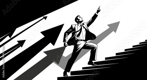 Ambition Illustrated: Businessperson Ascending Stairs and Achieving Goals With Determination