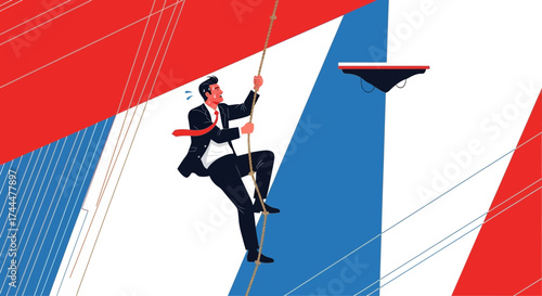 Ambitious Business Person Climbing Up a Rope Toward an Abstract Platform in a Difficult Ascent