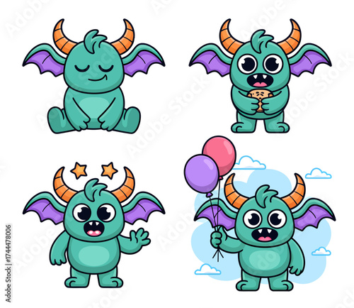 A collection of four cute cartoon green monsters with purple wings and orange horns in various poses and emotions.