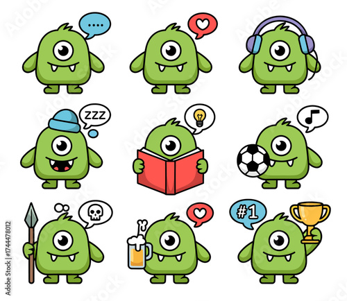 Collection of nine cute green one-eyed monsters with various accessories and activities.