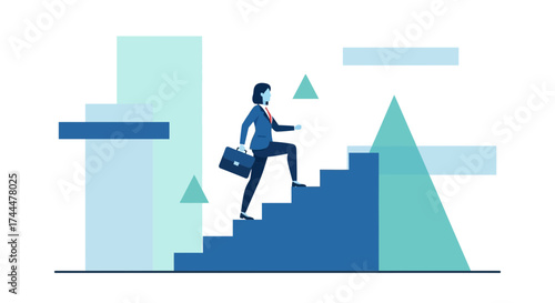 Ambitious Woman Ascending The Stairway To Success Against Geometric Modern Background