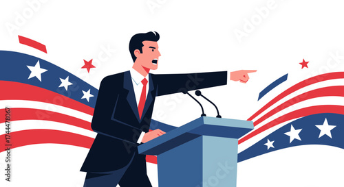 American Politician Giving An Animated Speech During Patriotic Event On Podium