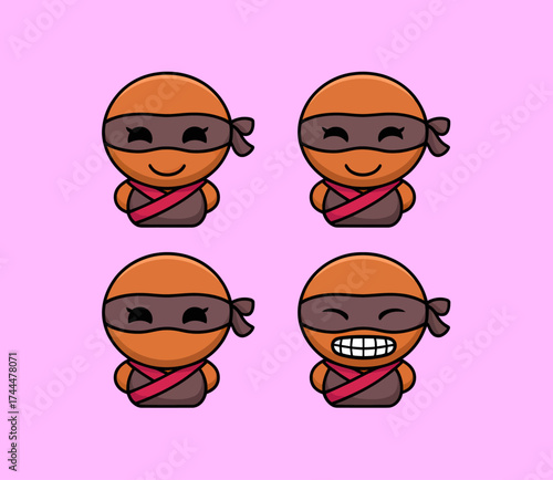 Four cute cartoon ninja or monk characters with various facial expressions on a pink background.