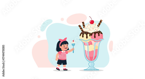 An adorable illustration of a young girl enjoying a delicious and giant ice cream sundae