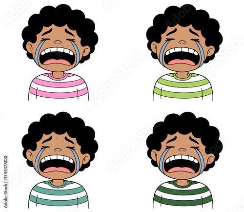 A set of four illustrations of a young Black boy crying, each wearing a different colored striped shirt.
