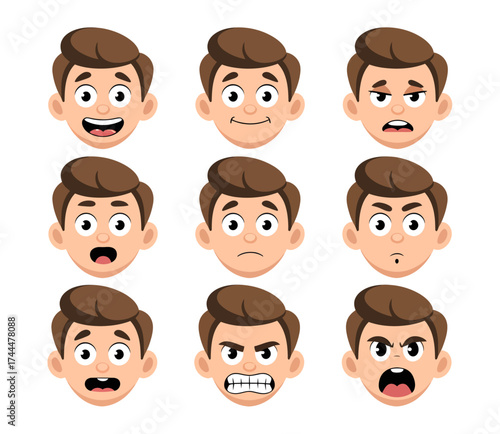 A collection of a cartoon man's head showing nine different facial expressions and emotions, such as happy, angry, and sad.