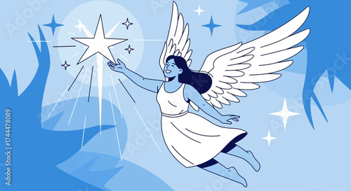 An Angel Touches A Stellar Symbol In A Sky Of Celestial Brilliance And A Blue Ambiance