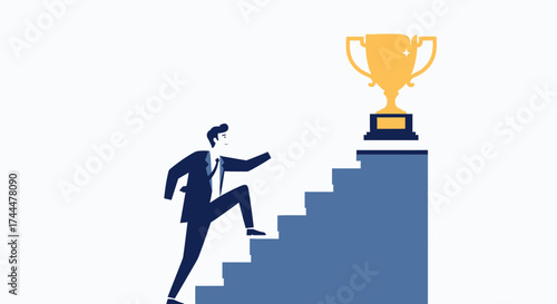 An Ambitious Individual Ascending to Success, Reaching the Highly Coveted Trophy
