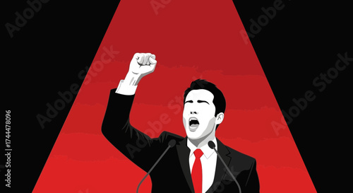 An Advocate's Powerful Oratory Under Dramatic Lighting With Raised Fist And Microphone