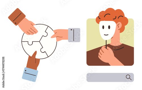 Hands assembling puzzle pieces and a person holding a mask emphasize collaboration, connection, and identity. Ideal for teamwork, authenticity, anonymity, problem-solving, online interaction, social