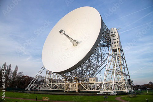 A view of Jodrell Bank telescope pointing towards the sky