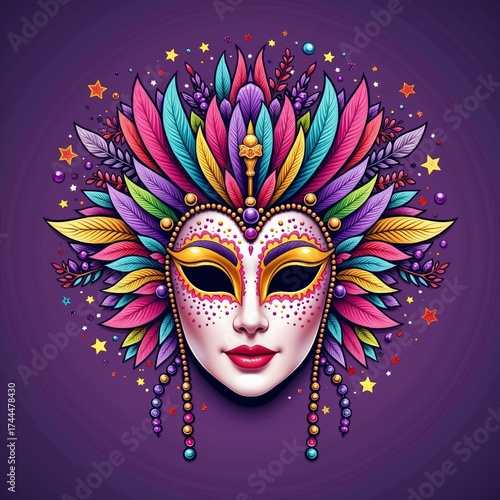 Colorful decorative mask with feathers and sparkles on purple background  