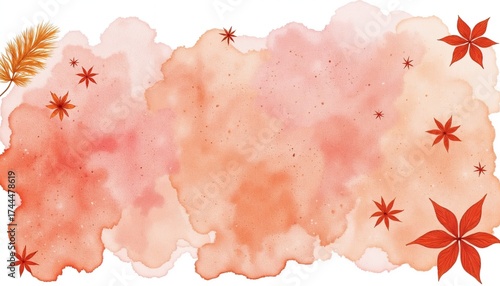 Soft watercolor background with autumn leaves in orange and pink  