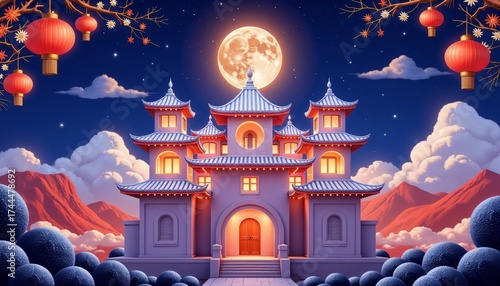 Vibrant Chinese palace illuminated under a full moon with lanterns  