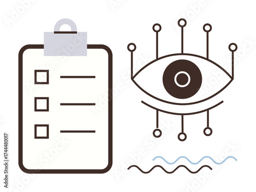 Clipboard with checklist alongside an eye with connecting nodes, representing monitoring, organization, and planning. Ideal for analytics, inspection, productivity, goals, strategy oversight simple