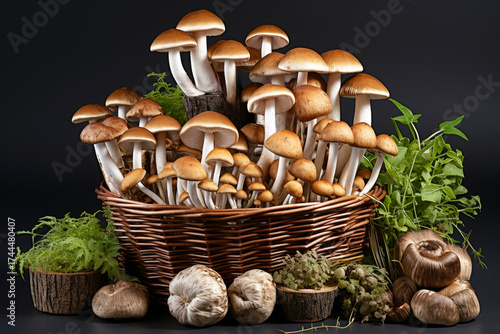 Wicker basket filled with forest plate mushrooms with thin stalks and brown caps