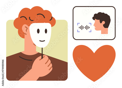 Person holding a smiling mask, voice recognition window with facial scan, and a heart symbol. Ideal for identity, emotions, self-expression, communication, privacy technology minimal art. Simple