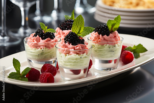 Desserts with fruit pies and berries such as mousses, pastries, cakes, jellies, ice cream,close-up