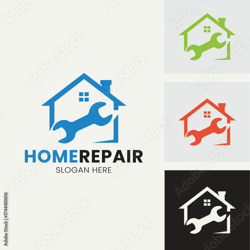 Multiple abstract houses with small tools, symbolizing home repair, construction, maintenance, and diversified property services, ideal for large contractors or real estate service networks.
