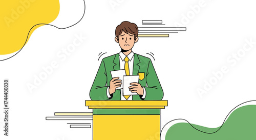 Anxious Speaker Holding Papers Standing at Podium Feeling Nervous About Speech Presentation