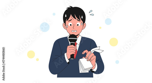 Anxious Speaker Holds Microphone and Notes, Expressing Fear During Presentation or Speech