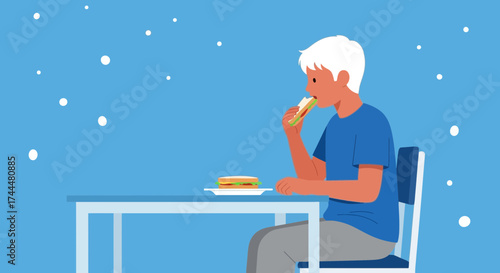 Appetizing Illustration Of A Man Eating At A Table With Sandwich And Blue Background