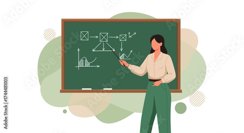 An illustration of a lady teacher teaching and pointing a presentation on a blackboard