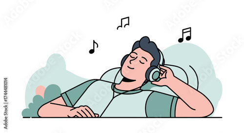 An illustration of a man listening to music with headphones relaxing peacefully