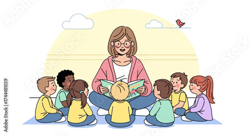 An illustration of a teacher reading a book to a group of children sitting around