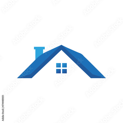 Simple blue house roof with a window and chimney, symbolizing home, shelter, real estate, and property, ideal for construction, housing, or home repair services.