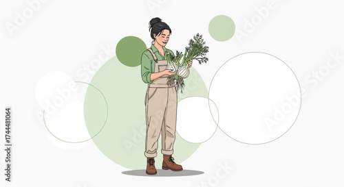 An illustration of a woman holding fresh fennel with green and white circles background