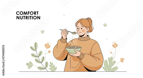 An illustration showing a woman enjoying a healthy bowl of soup with comfort nutrition concept