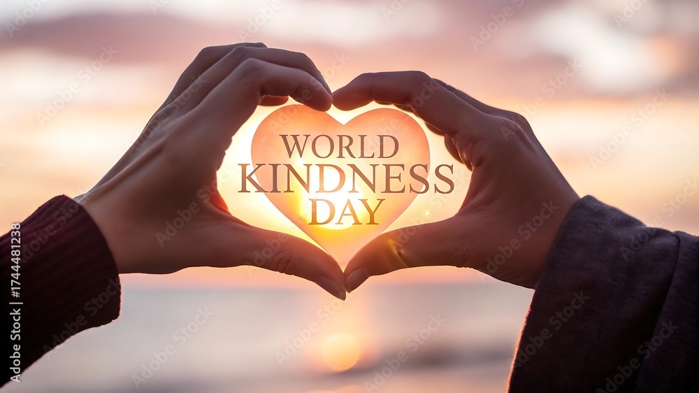 Obraz premium Hands forming a heart shape glowing with world kindness day message at sunset
