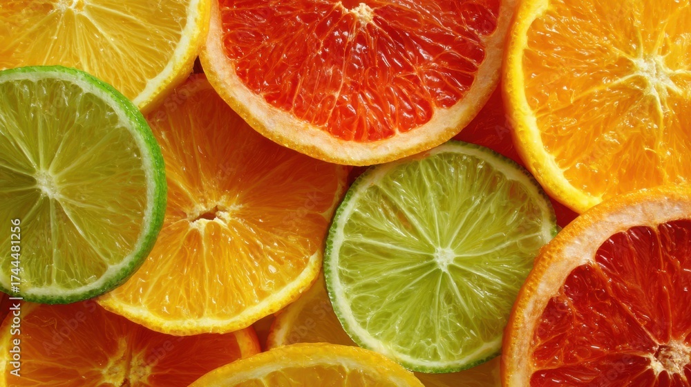 Fototapeta premium Various citrus fruit slices are arranged together showcasing a vibrant mix of oranges lemons and limes. The colors create a fresh and inviting look perfect for summer.