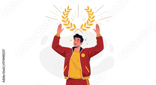 Athlete Celebrating Achievement With a Laurel Wreath, Winning And Success Illustration