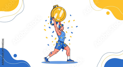 Athlete Celebrating Victory by Raising Gold Medal High in The Air of Triumph