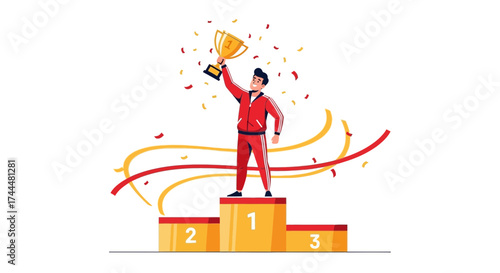 Athlete Celebrating Victory on Podium Holding Trophy Representing Achievement and Success