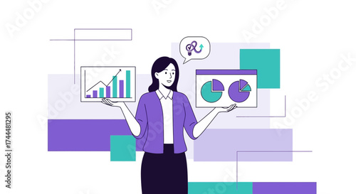 Analytical Businesswoman Displaying Charts and Graphs with Strategy Concept
