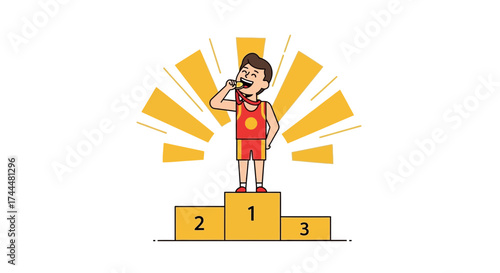 Athlete Celebrating Victory with Medal on Podium, Reaching the Pinnacle of Success