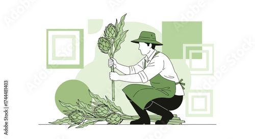 Artichoke Farmer Harvesting The Crop In A Modern Flat Illustration Style Design