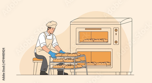 Artisan Baker Prepares Freshly Baked Loaves For Serving In Commercial Kitchen