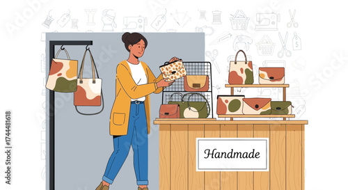 Artisan Woman Presenting Handmade Leather Bags In A Modern Boutique Shop Display
