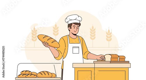 Artisanal Baker Proudly Presenting Fresh Loaf Of Bread In Bakery, Healthy Food