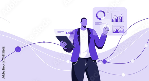 Analyzing Data Man Demonstrates and Examines Digital Charts and Financial Statistics