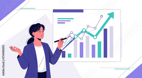 Analyzing Data Visualizations, Businesswoman Points Chart Towards Gains in Company Stocks