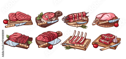 Meat products on wooden board set. Outline hand drawn color sketch of ribeye, steak and chicken breast, kebab skewers, ribs, . Cooking, butchers shop mascot, meat menu icons vector illustration