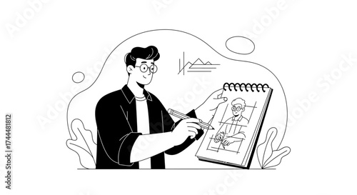 Artist Sketching a Self-Portrait with a Pencil on a Sketchbook Illustration